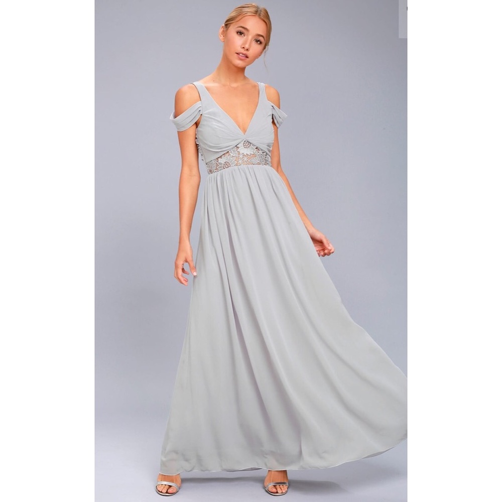 HAVE THIS DANCE GREY LACE OFF-SHOULDER MAXI DRESS